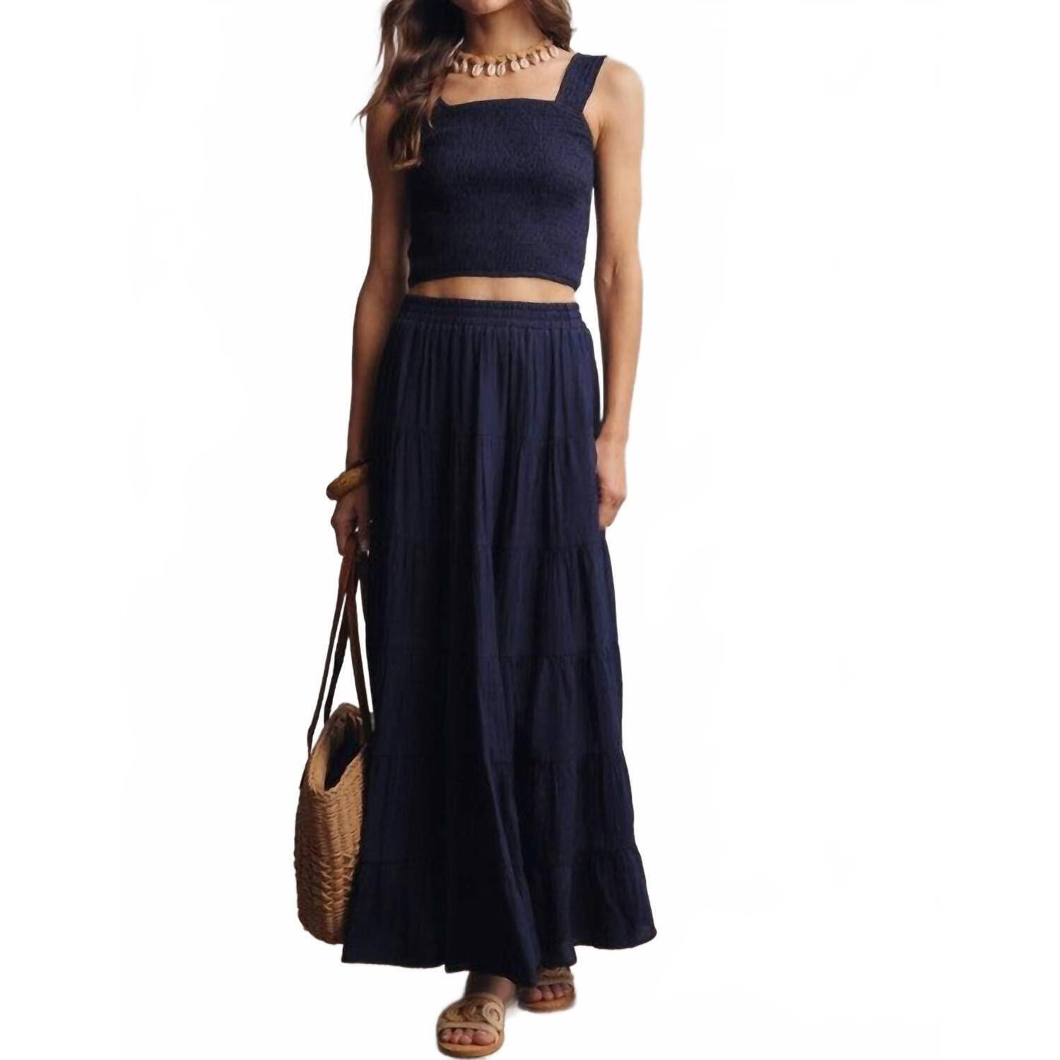 New Forte Smocked Crop Top & Tiered Maxi Skirt Set In Blue
